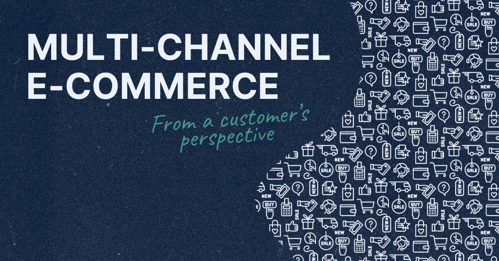 The image is a textured dark background overlaid with the phrase "MULTICHANNEL ECOMMERCE" in large, white capital letters. Below, in smaller teal font, it reads "From a customer's perspective". The background is speckled with numerous small white icons that represent various aspects of e-commerce and shopping such as shopping bags, carts, tags, boxes, question marks, and the word "SALE".