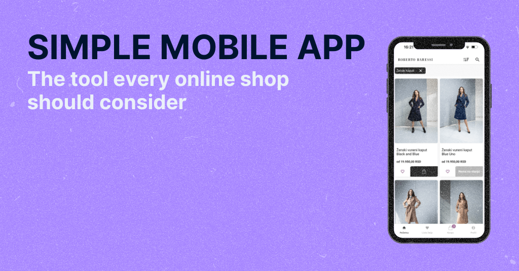 Mobile app home page and a text: simple mobile app - the tool every online shop should consider