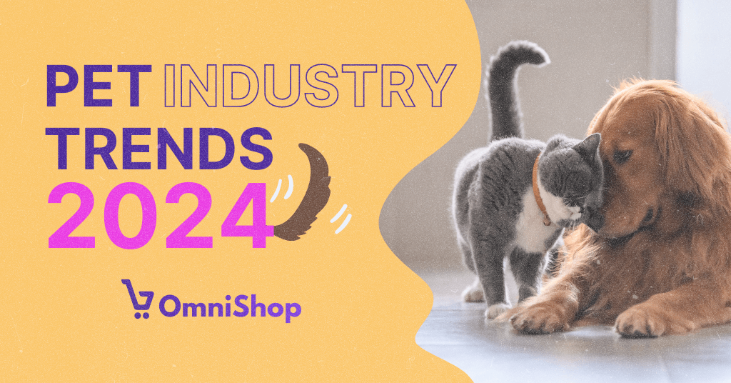 A promotional image featuring the text 'PET INDUSTRY TRENDS 2024' in bold, stylized purple letters on a textured yellow background. In the foreground, there's a heartwarming photo of a cat and a dog close together; the gray and white cat is nuzzling the golden retriever's nose. To the bottom right, the logo of OmniShop is displayed.