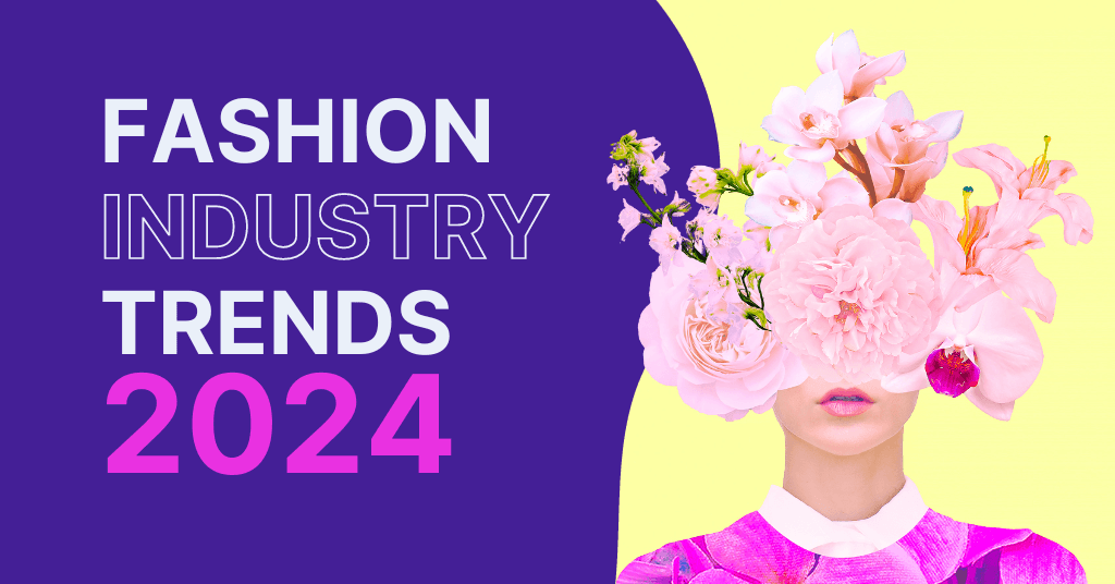 A bold graphic with a split purple and yellow background. On the left, the text 'FASHION INDUSTRY TRENDS 2024' in large, pink block letters stands out. On the right, a woman's face is obscured by an arrangement of oversized pink flowers, suggesting an avant-garde approach to future fashion trends.