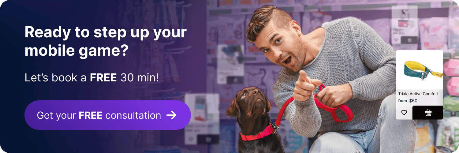 pets banner "ready to step up your mobile game" showing a guy with a dog pointing a finger at you