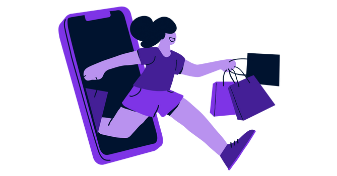 Illustration of mobile commerce; girl gets out from the phone with shopping bags in her hand.