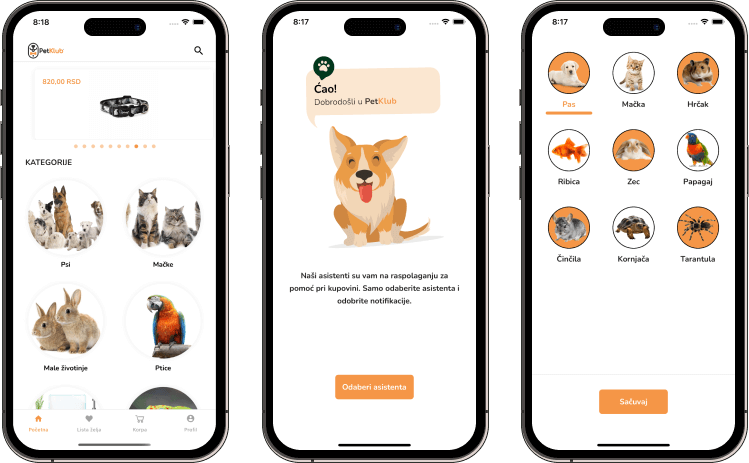PetKlub case study screenshots showing three screens. First is showing the category listing of the app. The second shows the intro screen with a puppy saying hi and the third is showing a list of categories