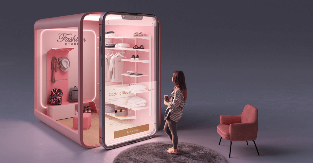 A girl exploring virtual fashion store through her mobile phone.