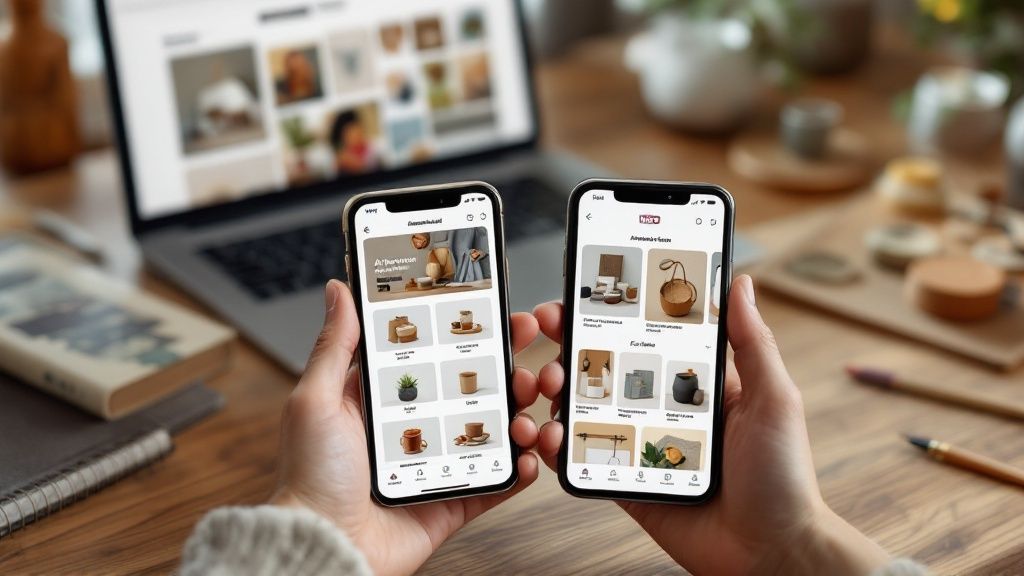 WooCommerce mobile app showing a small product catalog grid on iPhone and Android phones beside a WooCommerce store dashboard