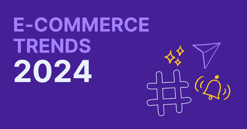 Cover image for blog post E-commerce trends 2024. The image is a minimalist blog cover with a purple background, featuring the white text "E-COMMERCE TRENDS 2024" and simple icons representing social media, communication, and alerts.