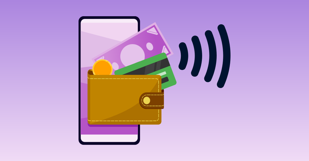 Illustration of mobile wallets and contactless payment symbol.