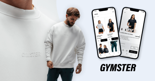 Promotional image for a Gymster mobile app case study featuring a man in profile wearing a white sweatshirt with the embossed Gymster logo, alongside two smartphones displaying the Gymster app interface with various athletic wear options. The Gymster logo is prominently displayed at the bottom right.