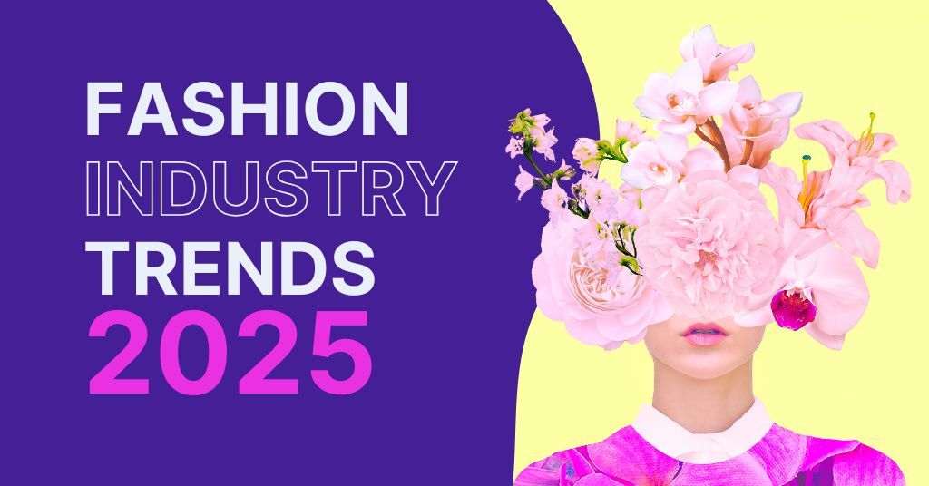 A bold graphic with a split purple and yellow background. On the left, the text 'FASHION INDUSTRY TRENDS 2025' in large, pink block letters stands out. On the right, a woman's face is obscured by an arrangement of oversized pink flowers, suggesting an avant-garde approach to future fashion trends.