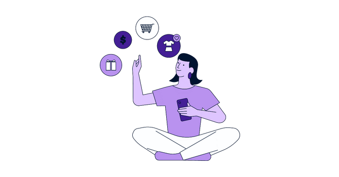Woman thinking about mobile shopping because mobile commerce advantages.