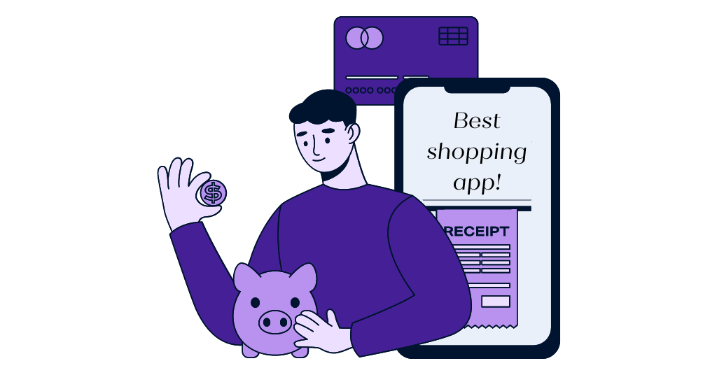 Illustration of a man saving money with a mobile app for e-commerce in the background.