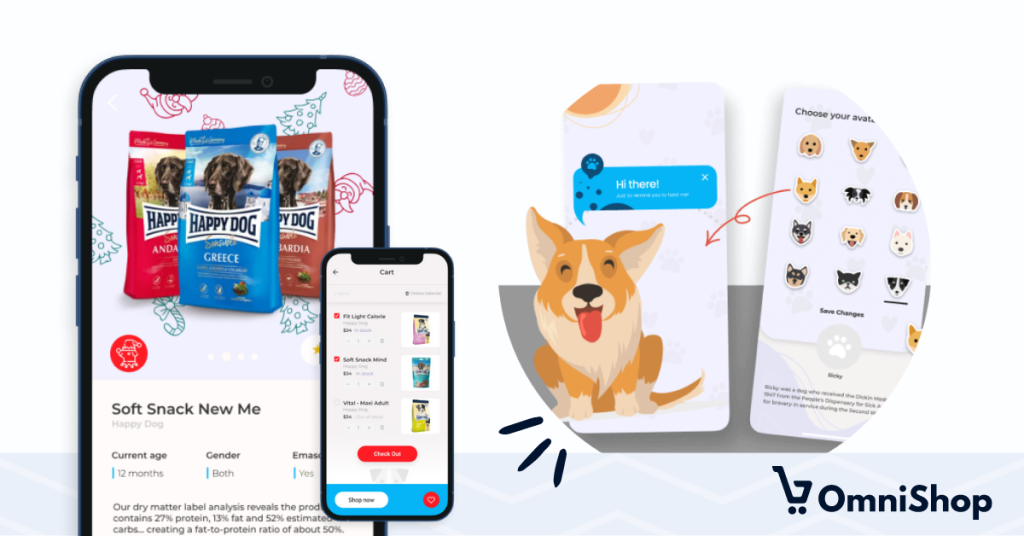 Screenshots of pet shop mobile app.
