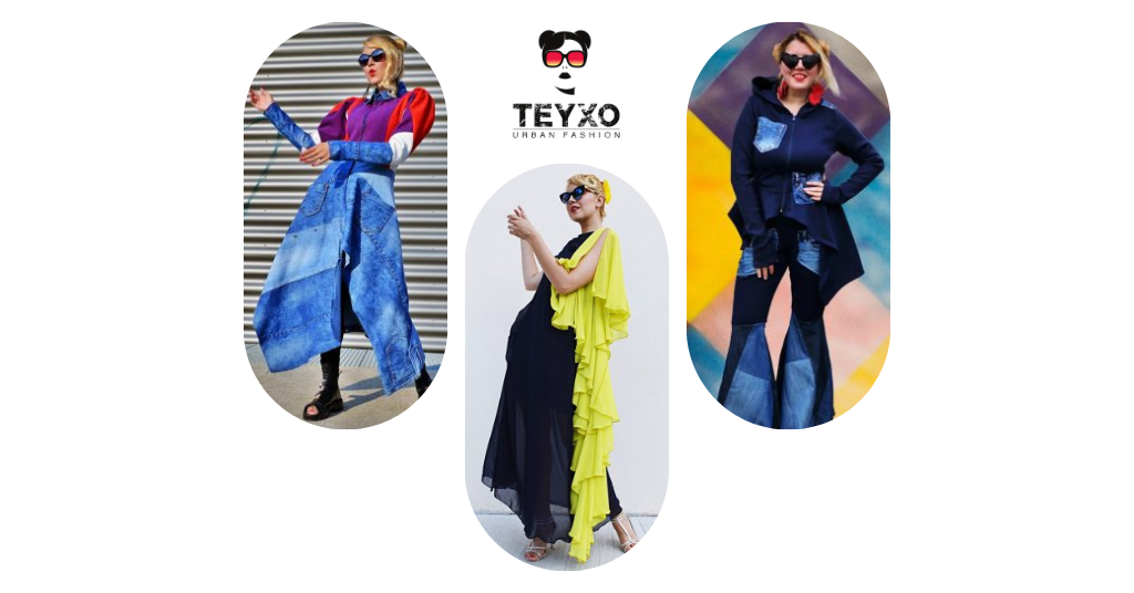 Collage with pictures of models wearing Teyxo creations.