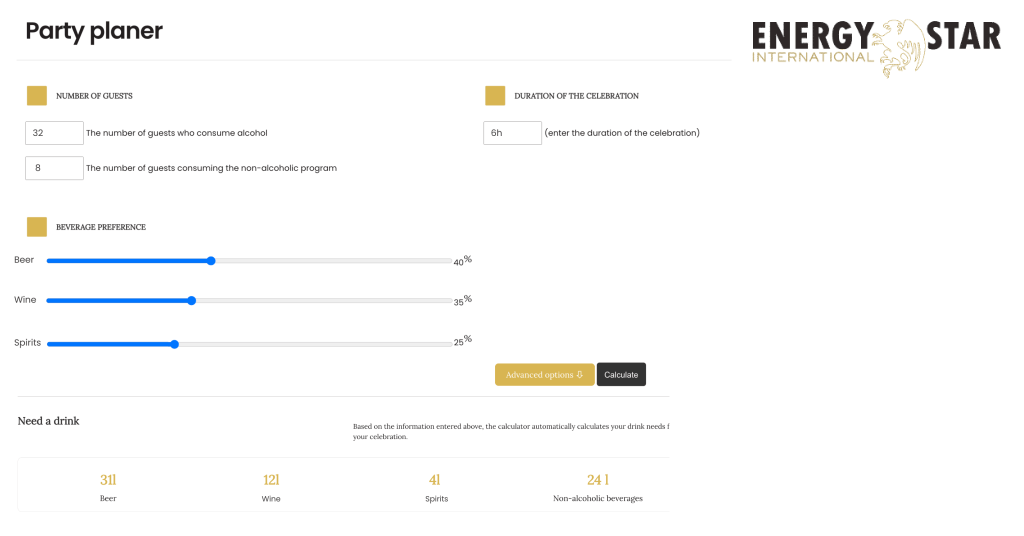 Energy Star International party planer calculator feature.