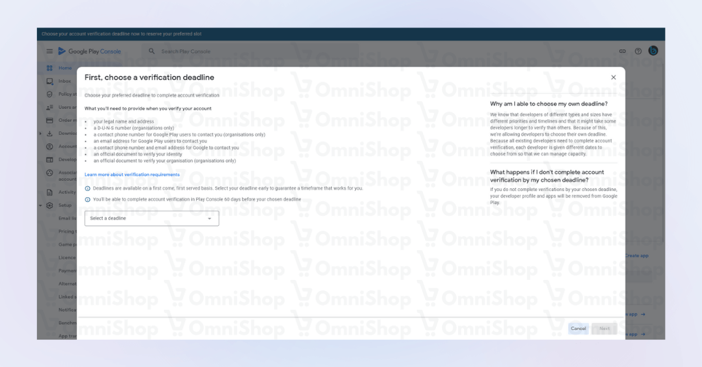 Google Play Console prompt titled 'First, choose a verification deadline' with a dropdown menu for deadline selection and a list of required verification documents.
